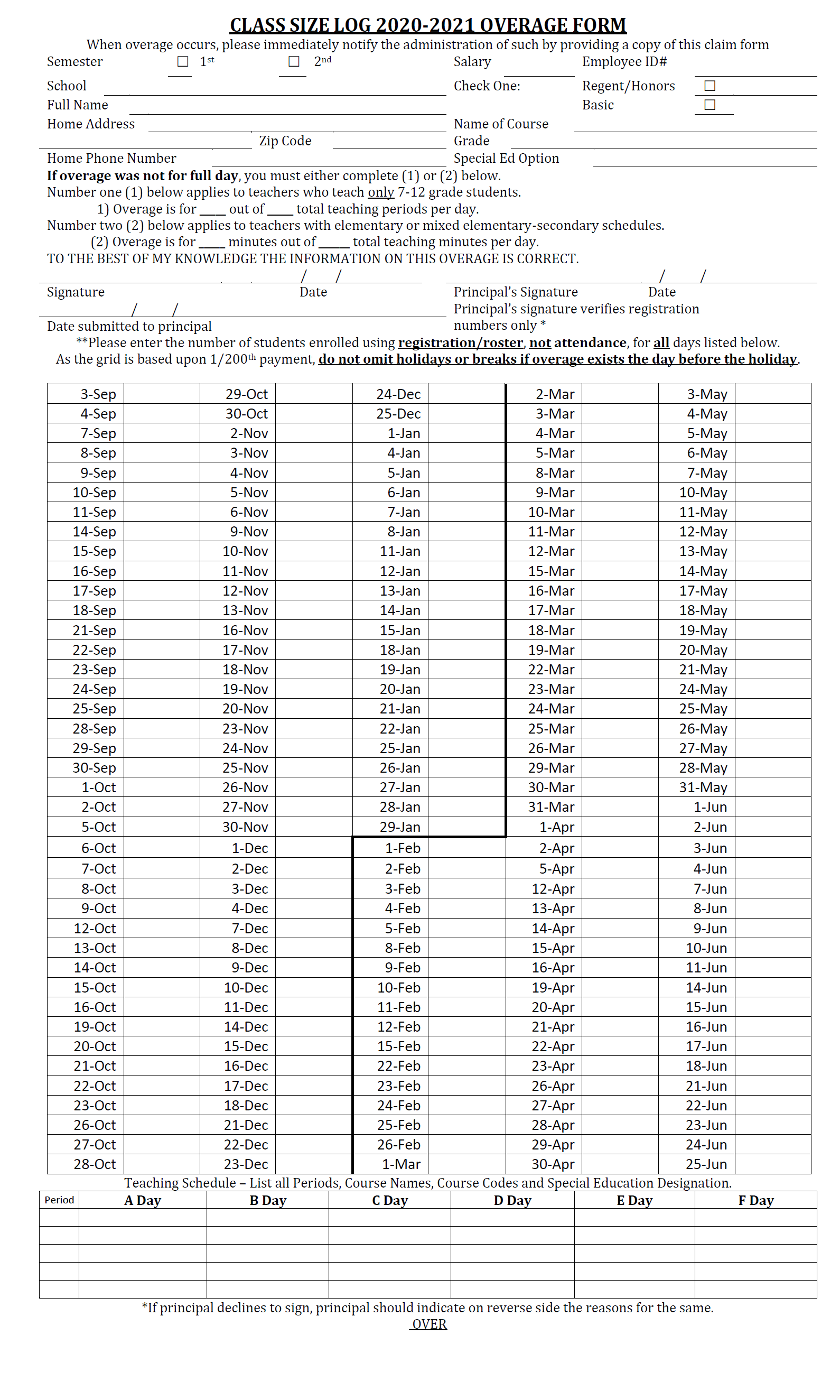 Class Size Overage Claim Form